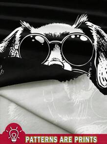 SHEIN LUNE Funny Cute Dachshund Dog Head & Glasses Print Women Casual Racerback Tank Tops - Black - View 3