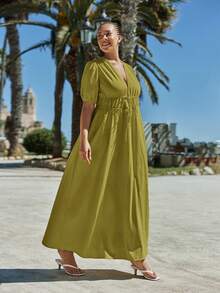 Maija 大码女式纯色休闲优雅深 V 领公主袖泡泡袖短袖腰褶长裙，夏季海滩，优雅，商务休闲 - 橄欖綠 - 查看 3