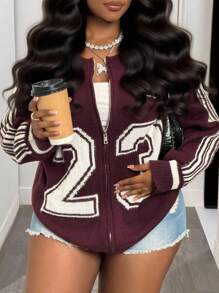 Slaydiva Cárdigan de punto con cremallera, número 23, holgado, color burdeos e marfil, para mujer talla grande, para otoño temprano, estilo universitario y urbano casual, para uso diario y vuelta al colegio, para salidas diarias en invierno y otoño - Burdeos - Ver 4