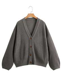 Omancia White Lantern Sleeve Button Front Ribbed Loose Knit Cardigan, Spring/Summer - Grey - View 2