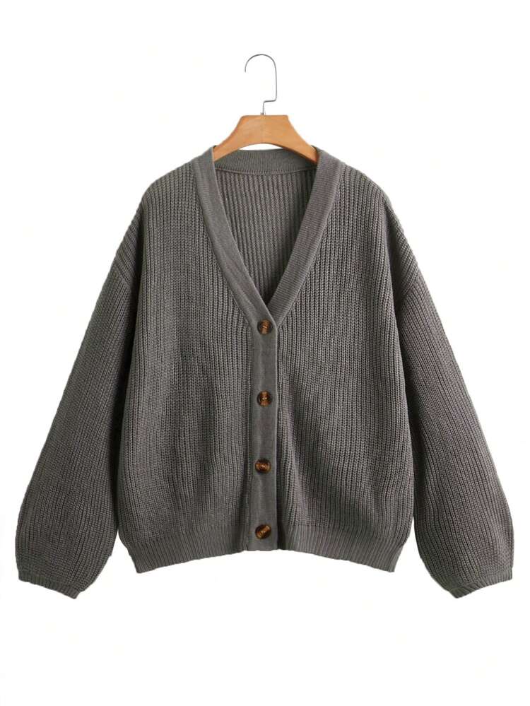 White Lantern Sleeve Button Front Ribbed Loose Knit Cardigan, Spring/Summer
