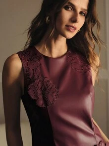 MOTF PREMIUM PU LEATHER EMBROIDERY STEREO FLOWER SLEEVELESS MINI DRESS - Burgundy - View 3