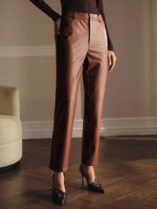 MOTF PREMIUM PU LEATHER SOLID SLANT POCKET TAPERED SUIT PANTS - Khaki - View 5