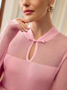 ZEYLAH Women's Solid Color Button Design Hollow Long Sleeve Elegant Sweater Fall /Winter Clothes - Pink - View 2