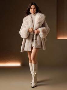 Anewsta 女士优雅仿皮草领收腰时尚仿皮草外套 - 杏色 - 查看 3