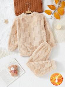 SHEIN 4 件套家庭装格子法兰绒睡衣套装，舒适长袖衬衫和裤子休闲家居服，母子装（单独出售）