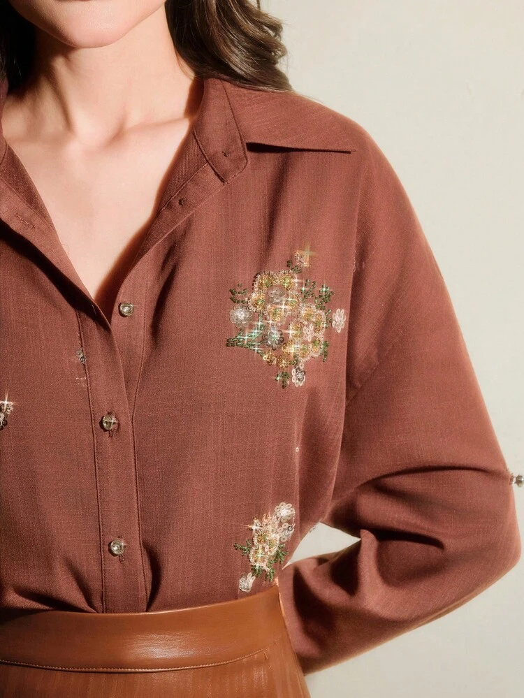 Women's Fall Floral Sequin Drop Shoulder Long Sleeve Single-Breasted Fashion Shirt