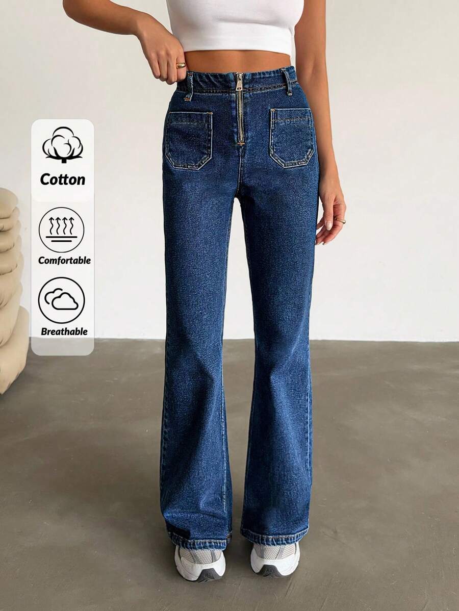 EURMUSE Women's Zipper Collar Pocketed Casual Versatile Flared Jeans Petite Women S Outfits Work Outfits For Women Women Jeans High Waisted - Medium Wash - View 1