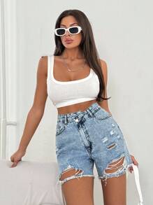 EURMUSE 100%Cotton Back Label And Belt Detailed Rigid Short - Medium Wash - View 6