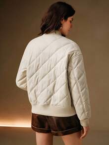 Anewsta 女式休闲 PU 皮革夹棉棒球飞行员外套，长袖 - 白色 - 查看 2