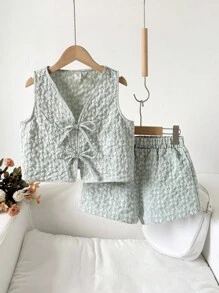 Tween Girl Casual Jacquard Bowknot Strap Tank Top And Shorts 2 Pieces Set - Mint Green - View 2