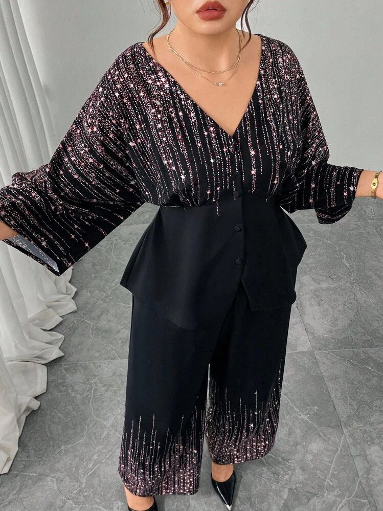 Modelyn 2pcs Plus Size Women Star Print Batwing Sleeve Top And Pants Set - Multicolor - View 1