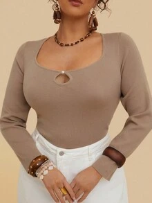 SHEIN VCAY Suéter de unicolor versátil y de moda para mujer de talla grande en otoño/invierno - Café integral - Ver 7