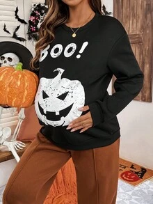 SHEIN 孕妇万圣节服装 秋季/冬季孕妇万圣节印花圆领长袖卫衣