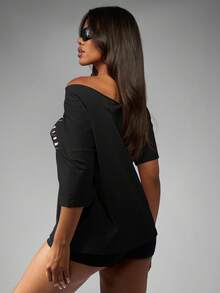 Missguided x Playboy Off Shoulder Script T Shirt Contemporary Design Relaxed Fit Ladies Fashion Street Style Three Quarter Sleeve Casual Loungewear - Black - View 2