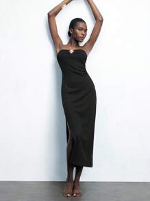 Maija Women's Metallic Decor Elegant Ruched Dress - Black - View 6