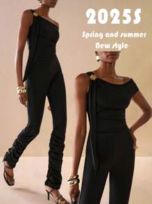Zivah Women's Elegant Summer Black Knitted Tight Jumpsuit,One Shoulder Flower Metal Decoration Waist Gathered Long Pile Pants For Party Night Banquet Date - Black - View 9