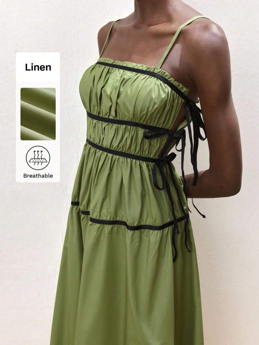 Maija 女士拼色褶皱吊带连衣裙，适合夏季 - 綠色 - 查看 1