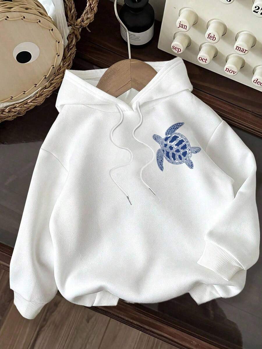 Attitoon Áo nỉ có mũ trùm đầu dày in họa tiết rùa biển xanh phong cách tối giản, thoải mái dành cho nữ, phù hợp cho mùa thu/đông - trắng - Xem 1