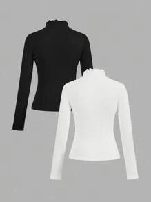SHEIN EZwear 2 件套女士休闲黑白针织 T 恤，带保暖衬里，秋装冬装女士冬季上衣女士高领上衣高领上衣修身上衣女士长袖上衣，女士秋装 - 黑與白 - 查看 3