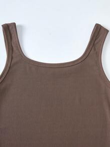 Tween Girl Solid Color Square Neck Fitted Casual Camisole Dress - Coffee Brown - View 5