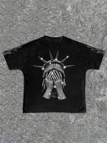 SHEIN 自由女神像，男孩图案，黑色图案T恤，都市时尚短袖圆领T恤，仿钻石，街头风格，青少年男孩休闲简约夏季 - 彩色 - 查看 2