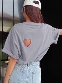 DAZY Hollow Out Heart Round Neck Oversized T-Shirt Cute Tops,Graphic Tees Preppy Tops - Purple - View 6