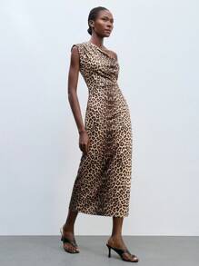 Maija Vestido con abertura lateral estampado de leopardo, de un solo hombro, de moda para mujer - Marrón - Ver 3