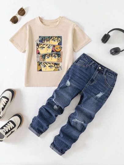 SHEIN Tween Boys' 2pcs/Set Cool Cartoon Graphic Apricot T-Shirt And Ripped Frayed Skinny Blue Jeans Set ,For Two Pieces Set