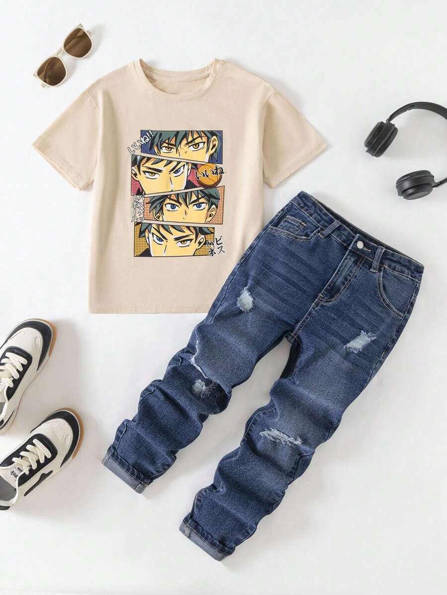SHEIN 青少年男孩两件套酷炫卡通图案杏色 T 恤和破洞紧身蓝色牛仔裤套装，两件套