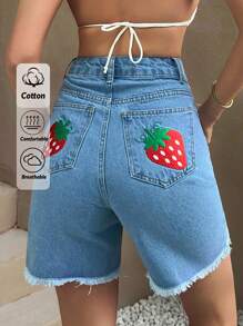 EURMUSE 女士高腰短款刺绣草莓 - 淺色水洗藍 - 查看 1