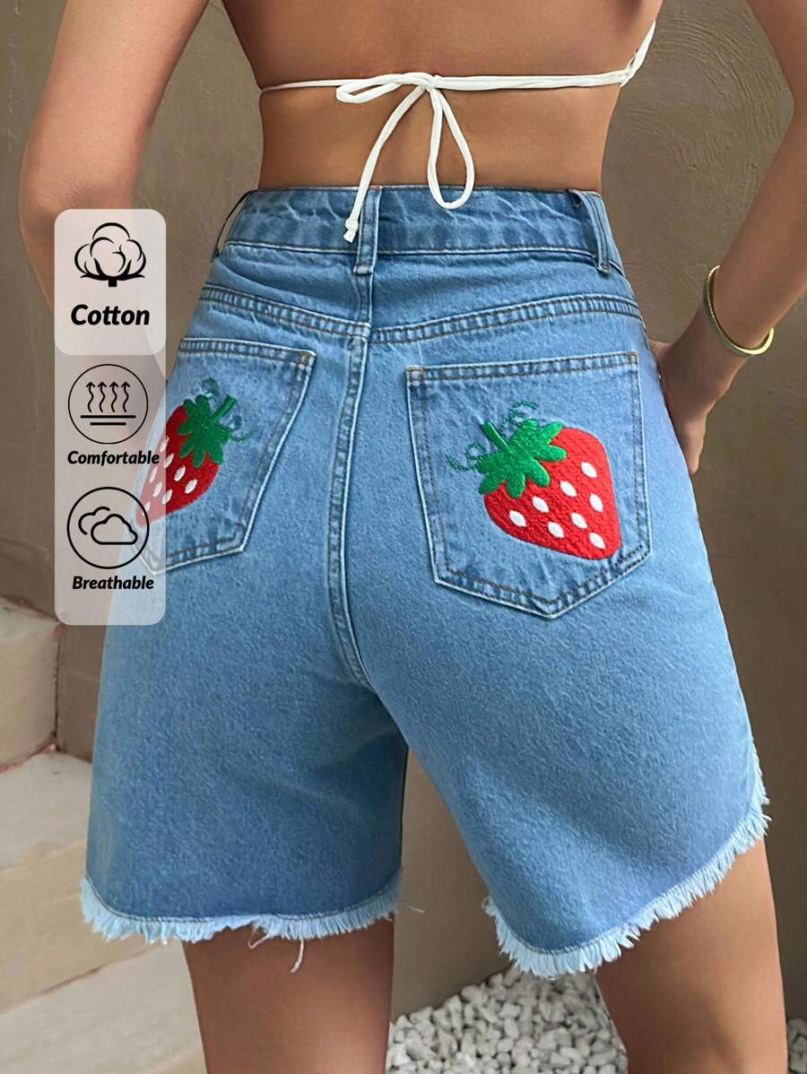 EURMUSE 女士高腰短款刺绣草莓 - 淺色水洗藍 - 查看 1