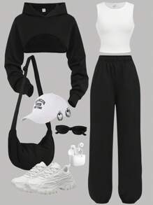 Girlism 少女黑色基本款运动休闲长袖短款连帽运动衫、白色基本款运动背心和黑色休闲运动裤套装 3 件套，开学季，户外运动服，运动服，秋季服装，演唱会服装