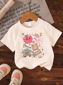 返校季女童休闲时尚创意铅笔彩色蝴蝶结卡通图案印花基础款短袖T恤 女童图案T恤 小女孩图案T恤 返校季女童衬衫 - 米色 - 查看 4