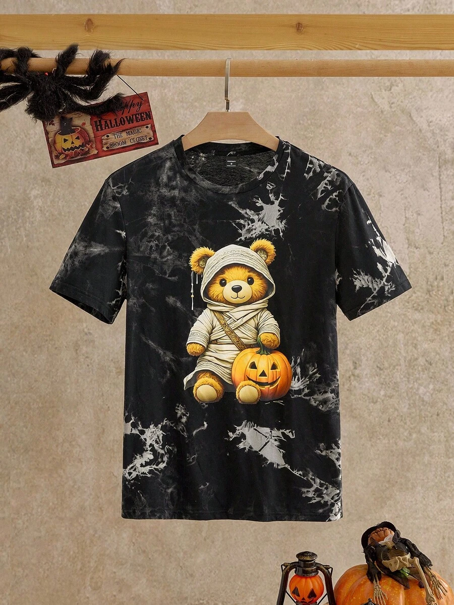 Manfinity NXTstreet 男士休闲针织 T 恤，扎染小熊图案印花，修身圆领短袖 T 恤万圣节泰迪熊衬衫万圣节图案 T 恤男士万圣节 T 恤泰迪熊图案 T 恤扎染万圣节衬衫 - 黑色 - 查看 1