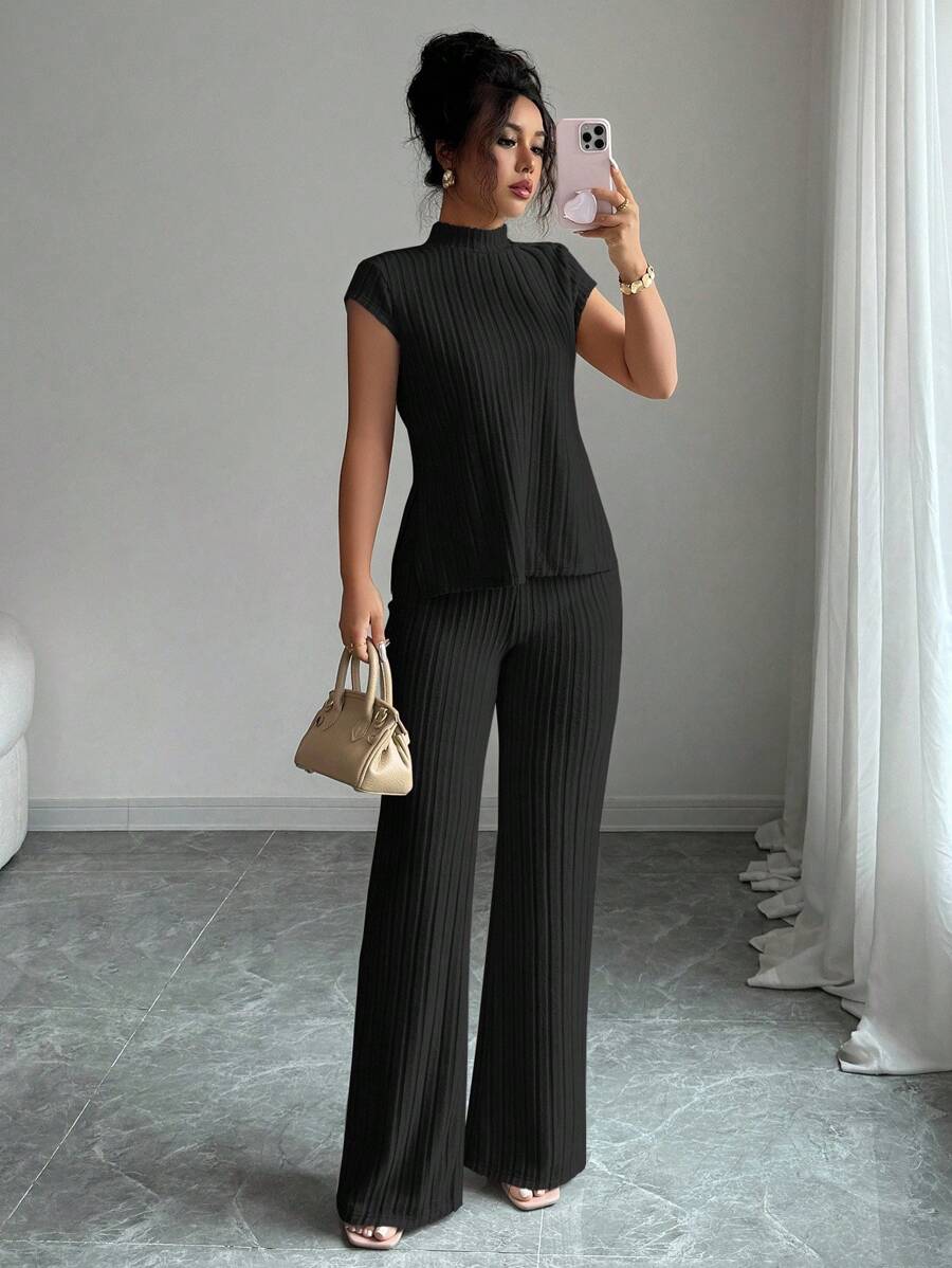 Elenzga 2pcs Casual Solid Color Ribbed Side Slit Top And Pants Set - Black - View 1