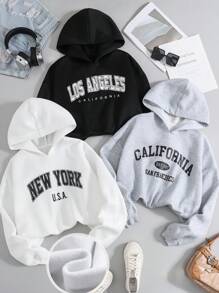 SHEIN 3 件套青少年女孩休闲字母印花针织连帽短款宽松运动衫套头衫，黑/白/灰，买 1 送 2