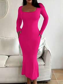 INAWLY Solva Chất rắn Cổ vuông Váy bodycon - Màu Hồng Tươi - Xem 4