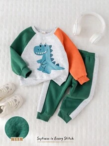 Cozy Pixies 2 件套男婴卡通恐龙图案针织柔软撞色圆领插肩袖套头衫和松紧腰卷边裤套装 - 彩色 - 查看 3