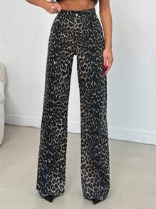 EURMUSE 100% Cotton MID RISE WIDEEG CUT LEOPARD TALL JEAN - Multicolor - View 5