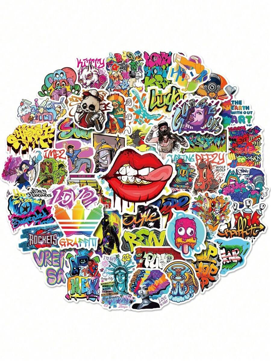 SHEIN 1 bộ/50 miếng dán graffiti đường phố, chống thấm nước, dùng cho laptop, bình nước, xe đạp, ván trượt, hành lý, ô tô. - Nhiều màu - Xem 1