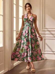 Glamance Gulsengunel Vestido elegante de mujer con estampado floral y espalda descubierta, vestido elegante casual para salir en verano y otoño - Multicolor - Ver 4