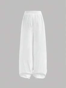 SHEIN Teen Girls Pants Daily Wear Outfits Casual Basic 100%Cotton Elastic Waistband White Pants, Wide Leg Pants, Back To School Cotton Pants Girl Wide Leg Pants Linen Pants For Girls Loose Pants Summer Pants - White - View 2