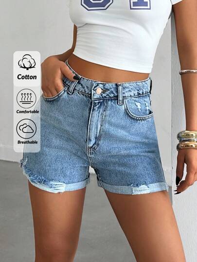 EURMUSE High Waist Folded Hem Mini Denim Short Women S Clothes Woman S Summer Clothes Women Summer Sets Women S Bottoms