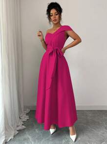 Lyxana Women's Elegant Solid Color Asymmetric Collar Long Dress - Hot Pink - View 3