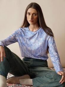 Florisole Women's Retro All-Over Print Crew Neck Loose Casual Long Sleeve T-Shirt Fall Cloth For Women - Blue - View 1