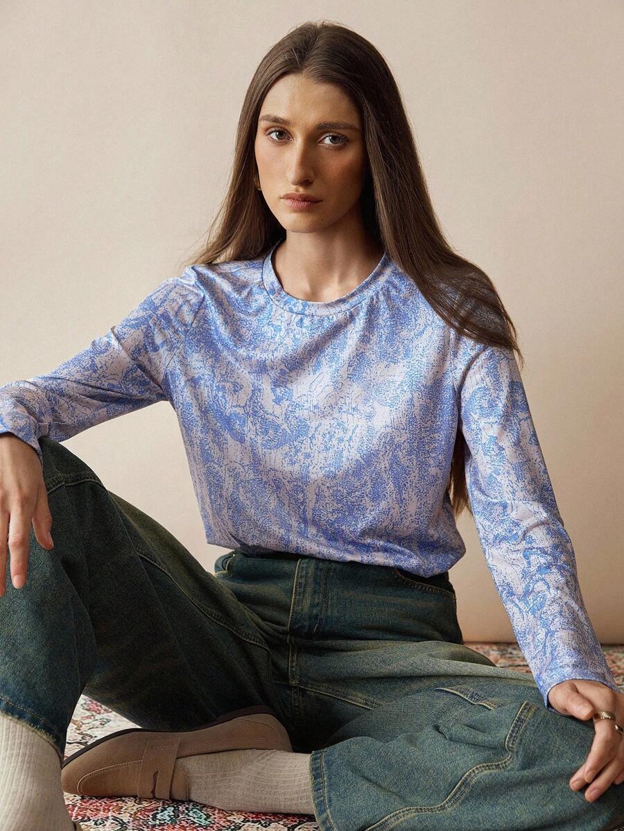 Florisole Women's Retro All-Over Print Crew Neck Loose Casual Long Sleeve T-Shirt Fall Cloth For Women - Blue - View 1