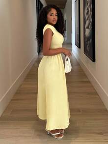 Alexandranx 女士优雅日常时尚新款度假灯笼袖收腰 A 字中长连衣裙，黄色 - 淡黃色 - 查看 6