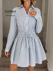 Easowa 领扣半开腰褶裥抽绳蝴蝶结A字长袖衬衫裙，休闲宽松通勤复古风女装