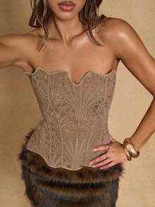 SHEIN BAE Áo crop top ren xẻ tà bên hông cho nữ, ôm vừa vặn thời trang - Màu Khaki - Xem 1